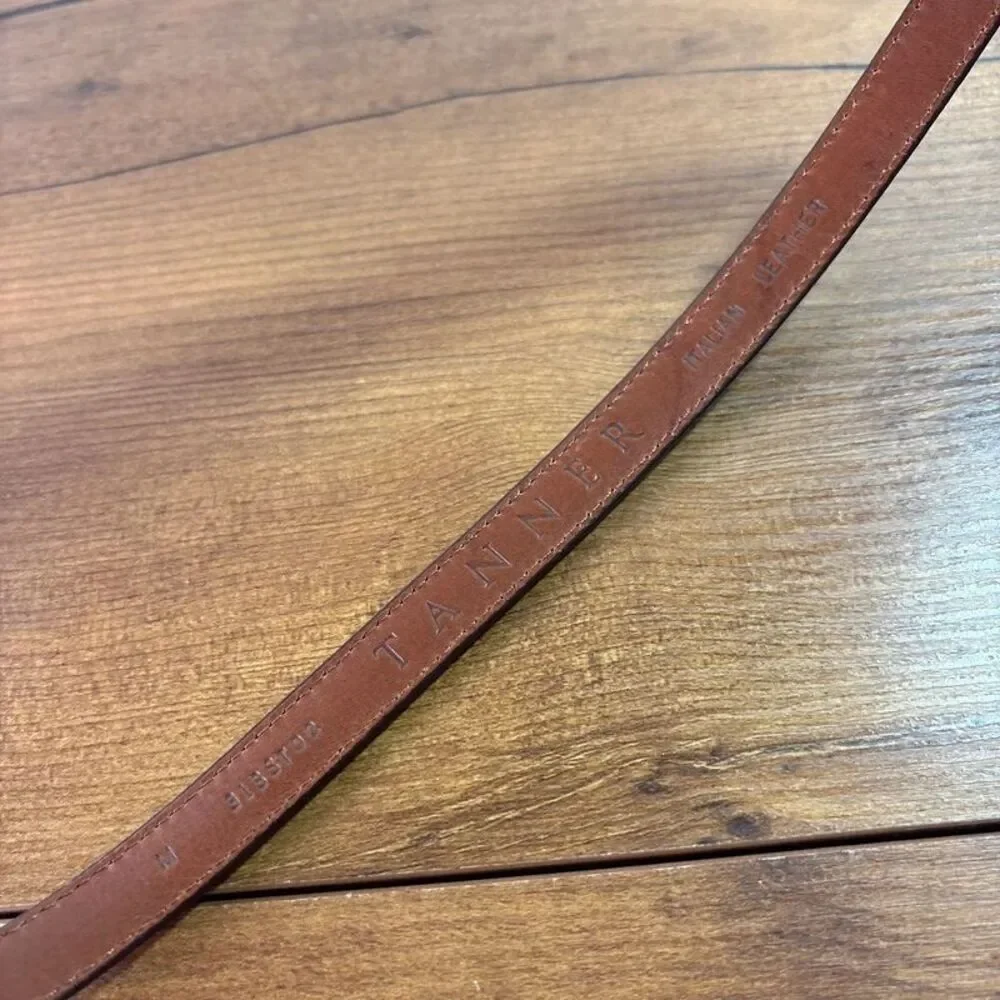 Tanner Italian Leather Crocodile Embossed Slim Cinch Belt Med Brown Adjustable